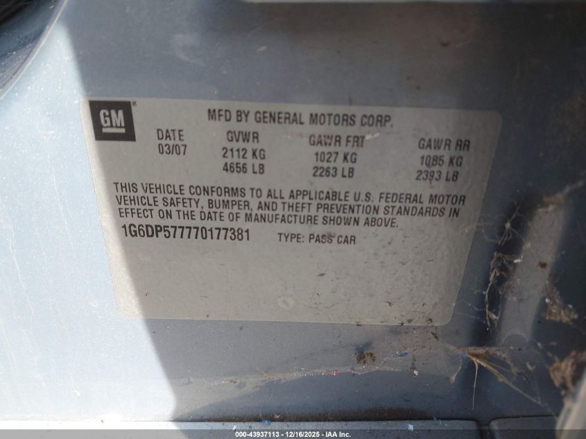 2007 Cadillac Cts Standard VIN: 1G6DP577770177381 Lot: 43937113