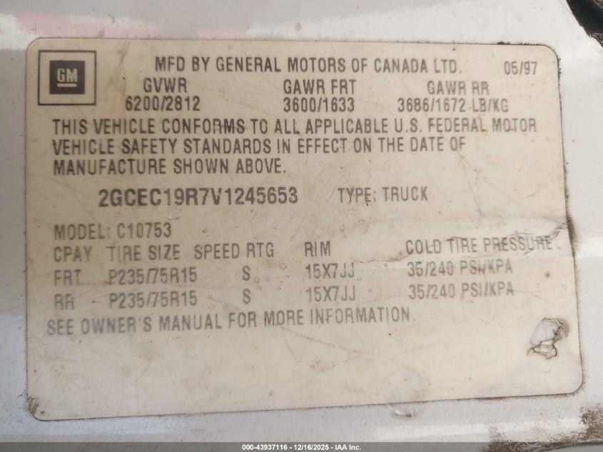 1997 Chevrolet C1500 Fleetside VIN: 2GCEC19R7V1245653 Lot: 43937116