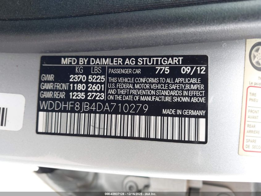 2013 Mercedes-Benz E 350 4Matic VIN: WDDHF8JB4DA710279 Lot: 43937128