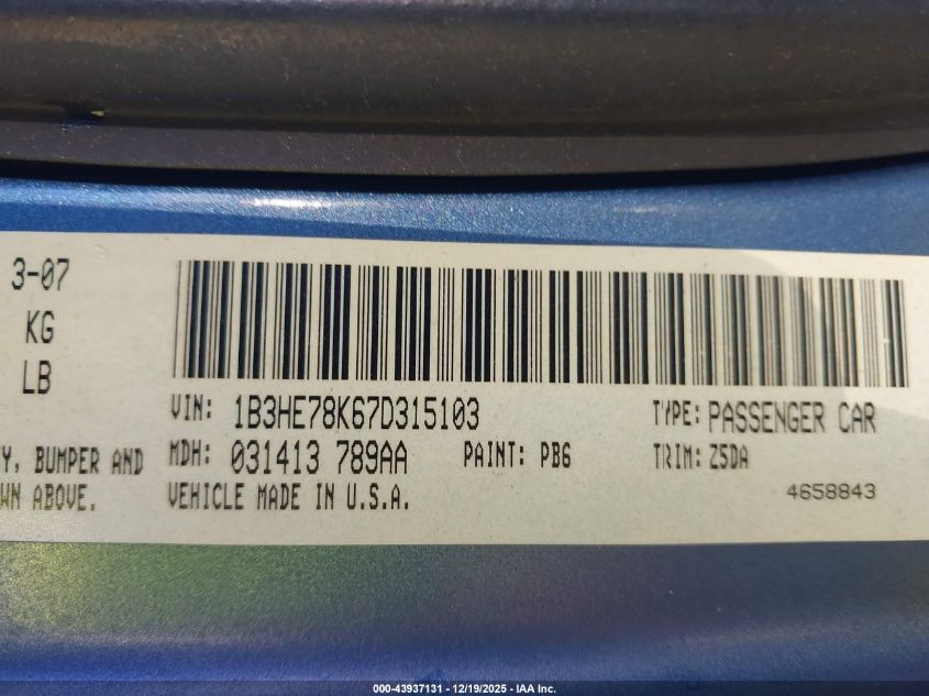 2007 Dodge Caliber R/T VIN: 1B3HE78K67D315103 Lot: 43937131