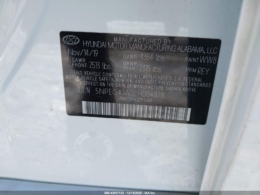 2020 Hyundai Sonata Se VIN: 5NPEG4JA0LH004878 Lot: 43937133