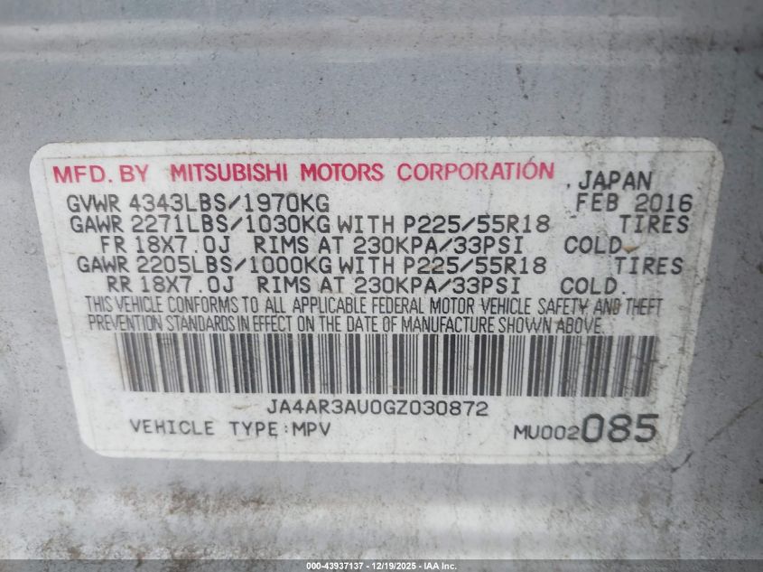 2016 Mitsubishi Outlander Sport 2.0 Es VIN: JA4AR3AU0GZ030872 Lot: 43937137