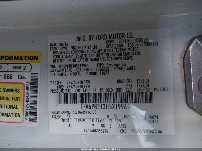 2017 Ford Mustang Ecoboost VIN: 1FA6P8TH3H5219965 Lot: 43937139