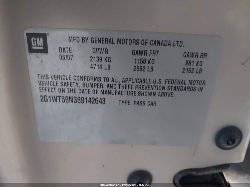 2008 Chevrolet Impala Lt VIN: 2G1WT58N389142643 Lot: 43937147