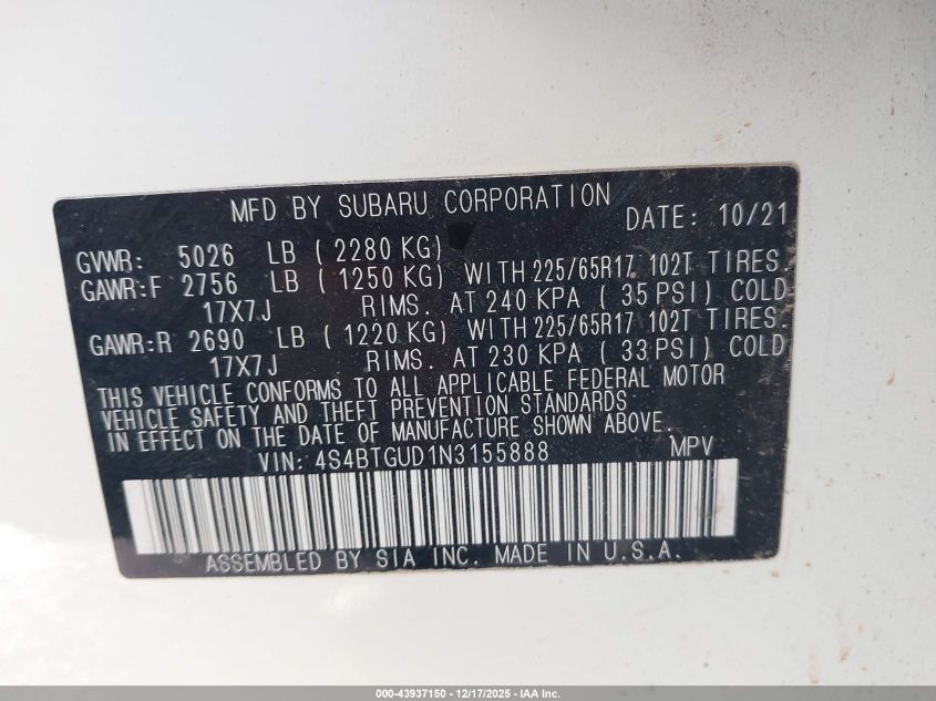 2022 Subaru Outback Wilderness VIN: 4S4BTGUD1N3155888 Lot: 43937150