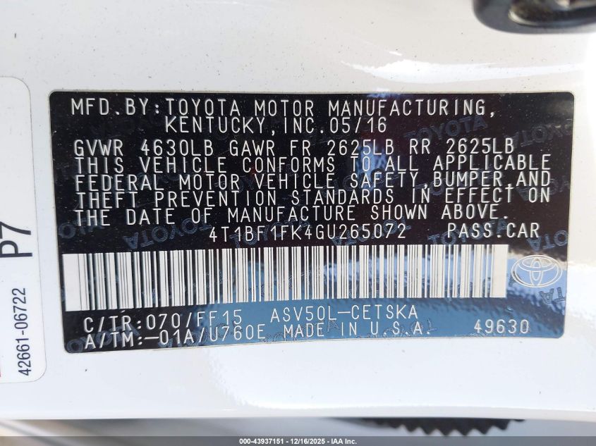 2016 Toyota Camry Se VIN: 4T1BF1FK4GU265072 Lot: 43937151