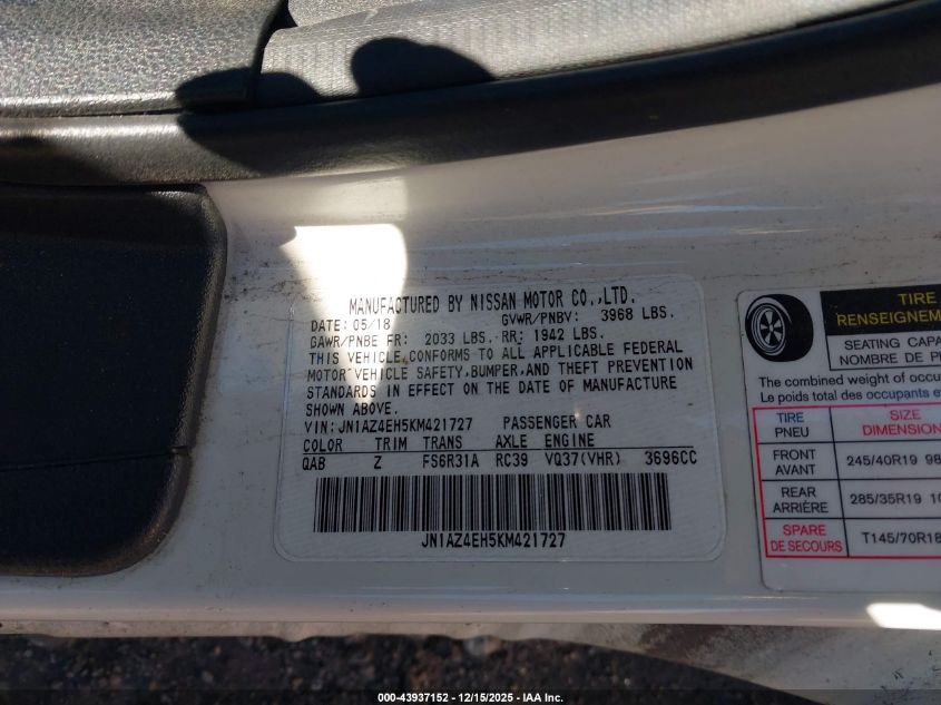 2019 Nissan 370Z Nismo VIN: JN1AZ4EH5KM421727 Lot: 43937152