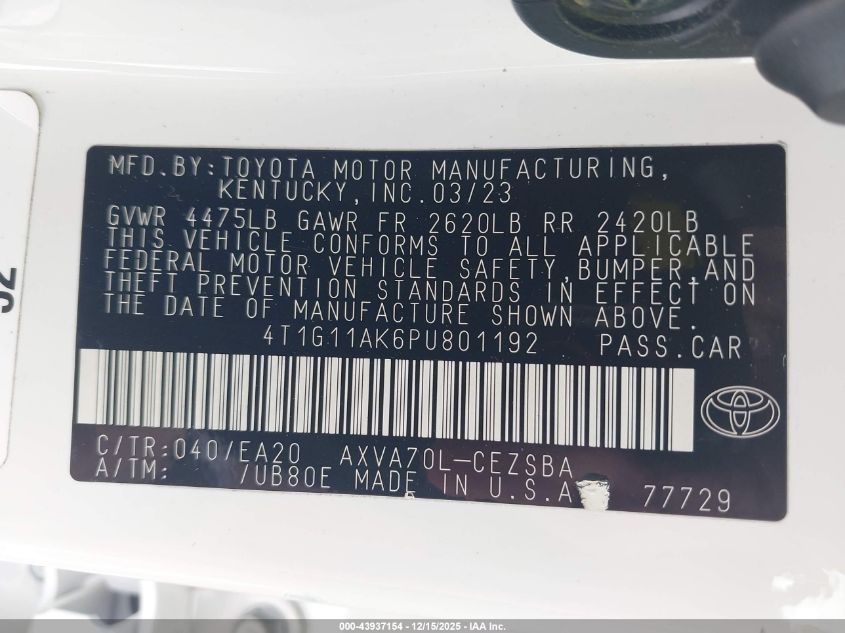 2023 Toyota Camry Se VIN: 4T1G11AK6PU801192 Lot: 43937154