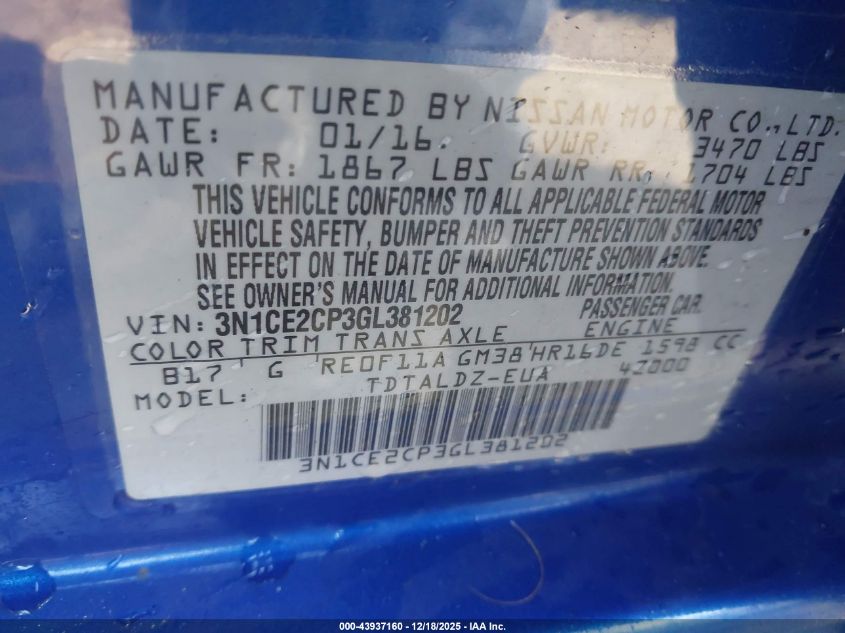 2016 Nissan Versa Note Sv VIN: 3N1CE2CP3GL381202 Lot: 43937160