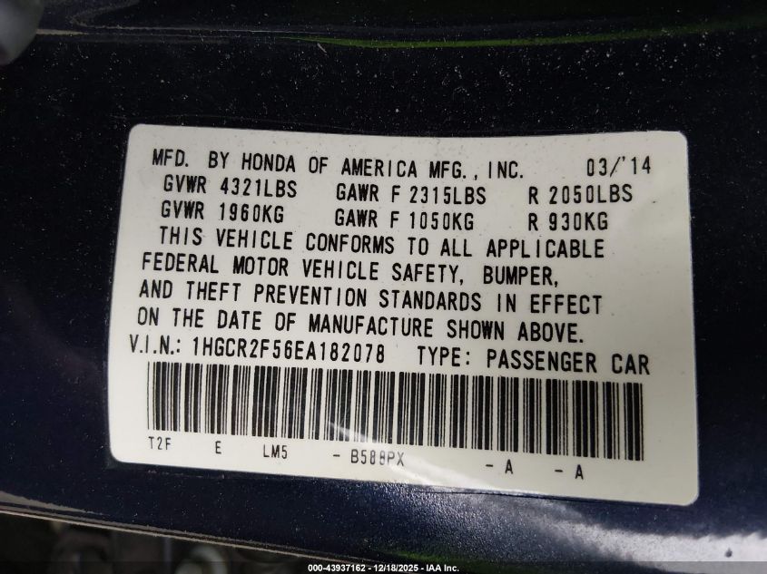 2014 Honda Accord Sport VIN: 1HGCR2F56EA182078 Lot: 43937162