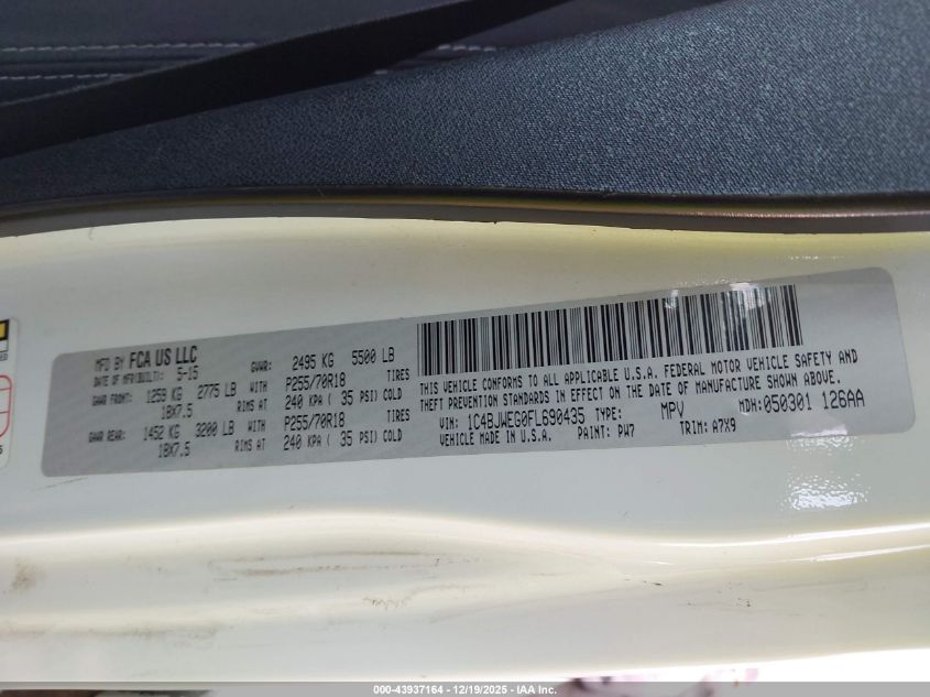 2015 Jeep Wrangler Unlimited Sahara VIN: 1C4BJWEG0FL690435 Lot: 43937164