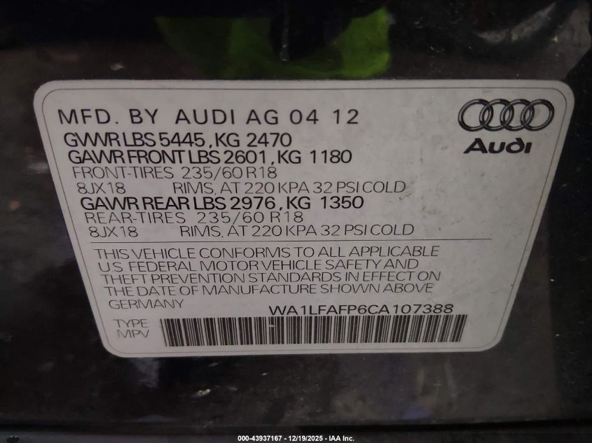 2012 Audi Q5 2.0T Premium VIN: WA1LFAFP6CA107388 Lot: 43937167