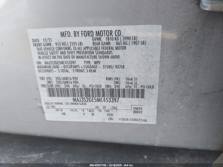 2021 Ford Ecosport Se VIN: MAJ3S2GE5MC453397 Lot: 43937168