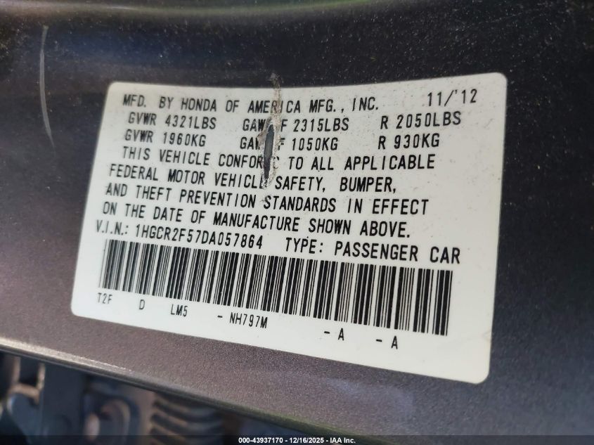 2013 Honda Accord Sport VIN: 1HGCR2F57DA057864 Lot: 43937170