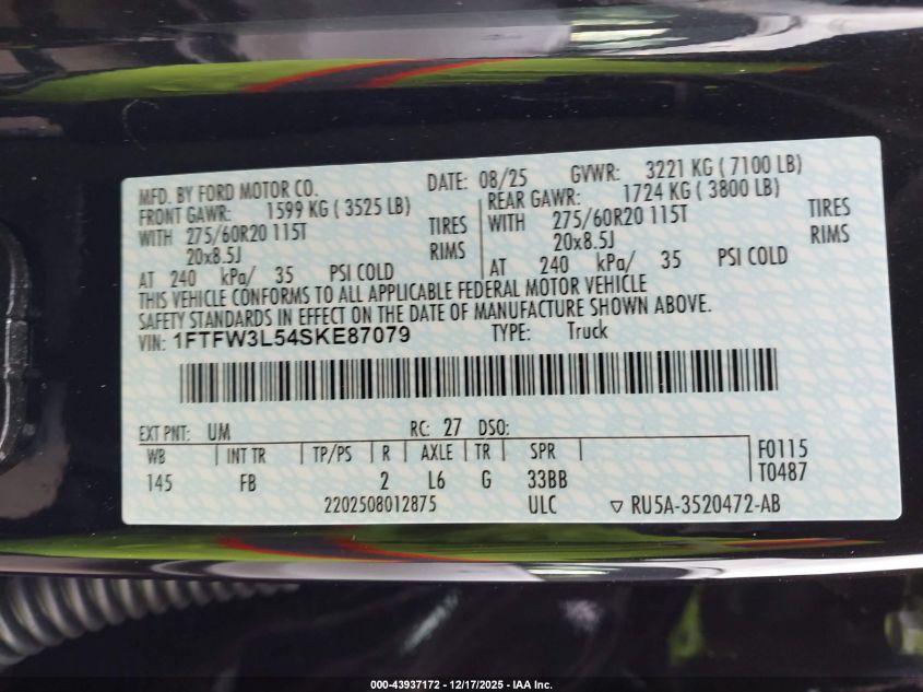 2025 Ford F-150 Xlt VIN: 1FTFW3L54SKE87079 Lot: 43937172