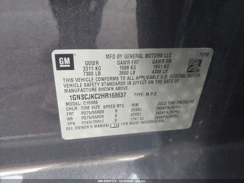 2017 Chevrolet Suburban Premier VIN: 1GNSCJKC2HR168637 Lot: 43937173