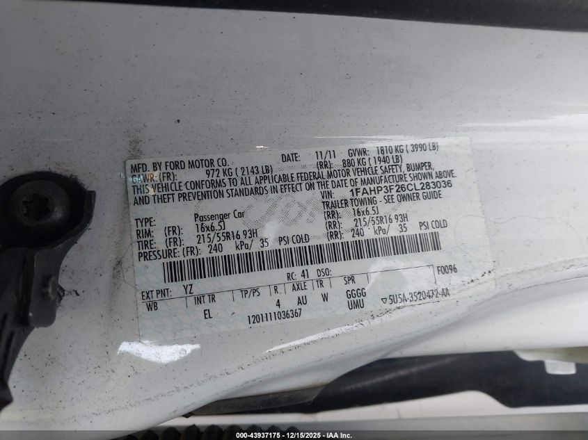 2012 Ford Focus Se VIN: 1FAHP3F26CL283036 Lot: 43937175