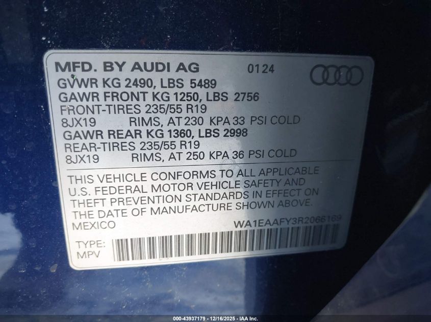 2024 Audi Q5 Premium Plus 45 Tfsi S Line Quattro VIN: WA1EAAFY3R2066169 Lot: 43937179