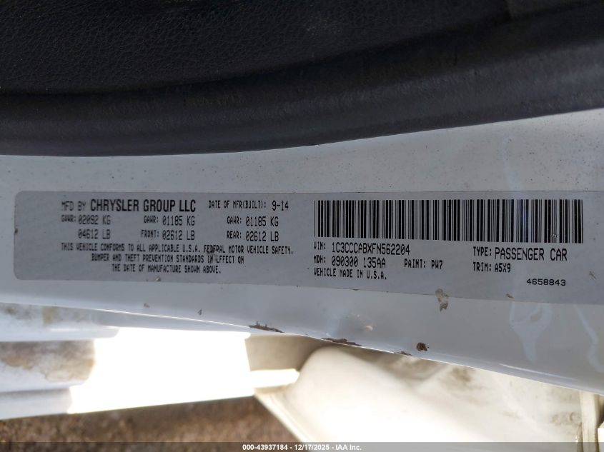 2015 Chrysler 200 Limited VIN: 1C3CCCABXFN562204 Lot: 43937184