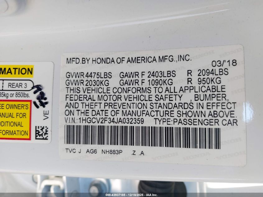 2018 Honda Accord Sport 2.0T VIN: 1HGCV2F34JA032359 Lot: 43937185
