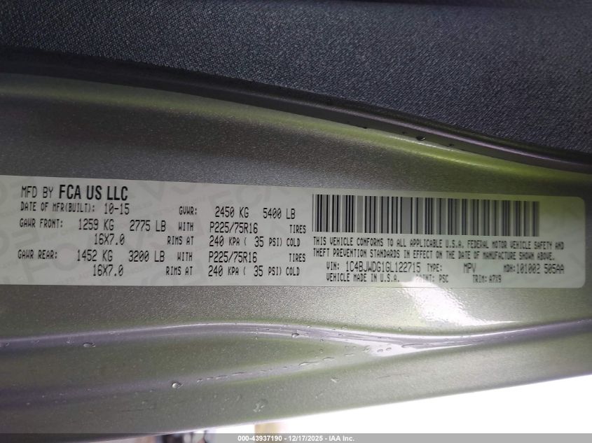 2016 Jeep Wrangler Unlimited Sport VIN: 1C4BJWDG1GL122715 Lot: 43937190