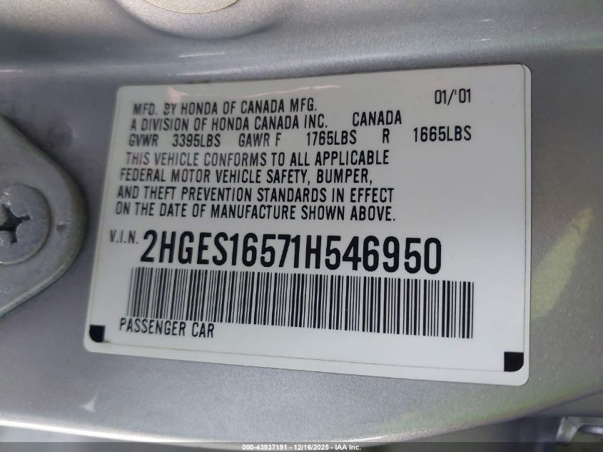 2001 Honda Civic Lx VIN: 2HGES16571H546950 Lot: 43937191