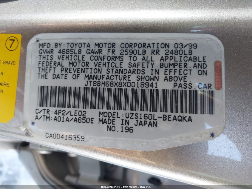 1999 Lexus Gs 400 VIN: JT8BH68X8X0018941 Lot: 43937192