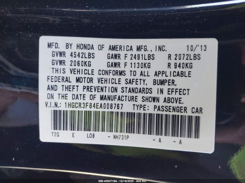 2014 Honda Accord Ex-L V-6 VIN: 1HGCR3F84EA008767 Lot: 43937194