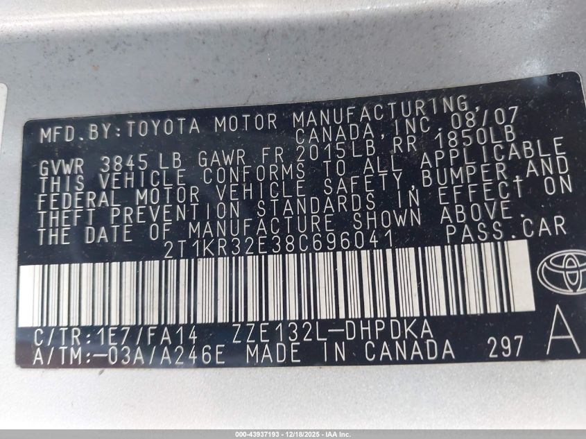 2008 Toyota Matrix VIN: 2T1KR32E38C696041 Lot: 43937193