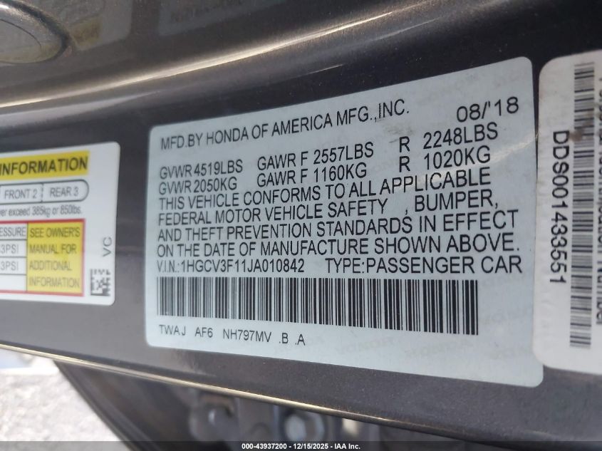 2018 Honda Accord VIN: 18GCV3F11JA010842 Lot: 43937200