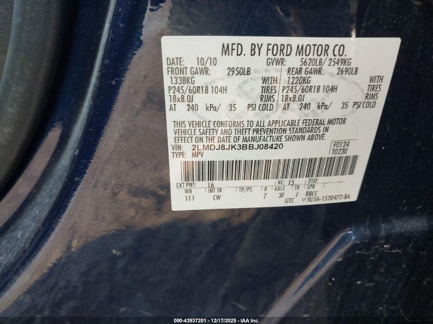 2011 Lincoln Mkx VIN: 2LMDJ8JK3BBJ08420 Lot: 43937201