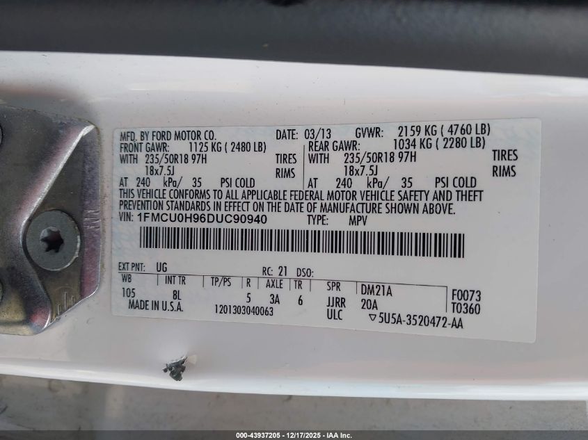 2013 Ford Escape Sel VIN: 1FMCU0H96DUC90940 Lot: 43937205