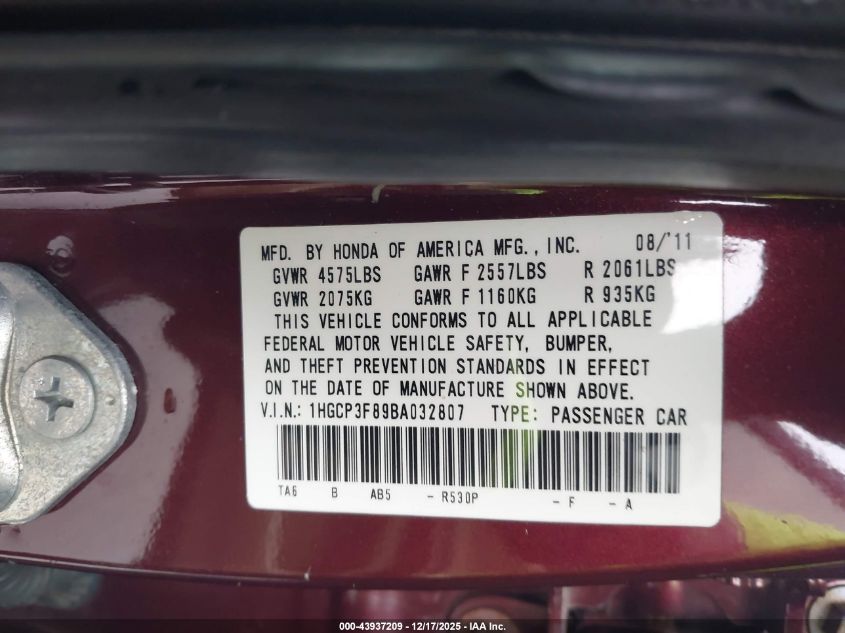 2011 Honda Accord 3.5 Ex-L VIN: 1HGCP3F89BA032807 Lot: 43937209