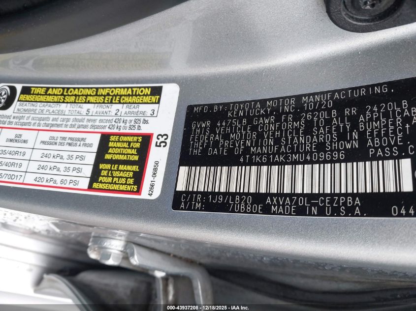 2021 Toyota Camry Xse VIN: 4T1K61AK3MU409696 Lot: 43937208