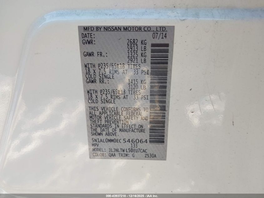 2014 Infiniti Qx60 VIN: 5N1AL0MM0EC546064 Lot: 43937218