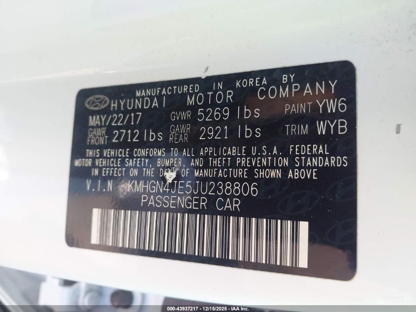 2018 Genesis G80 3.8 VIN: KMHGN4JE5JU238806 Lot: 43937217