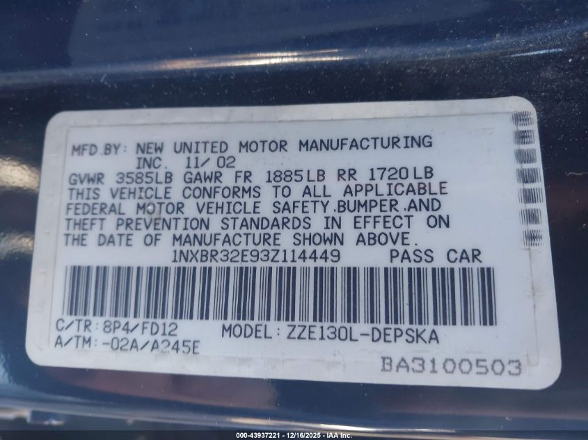 2003 Toyota Corolla S VIN: 1NXBR32E93Z114449 Lot: 43937221