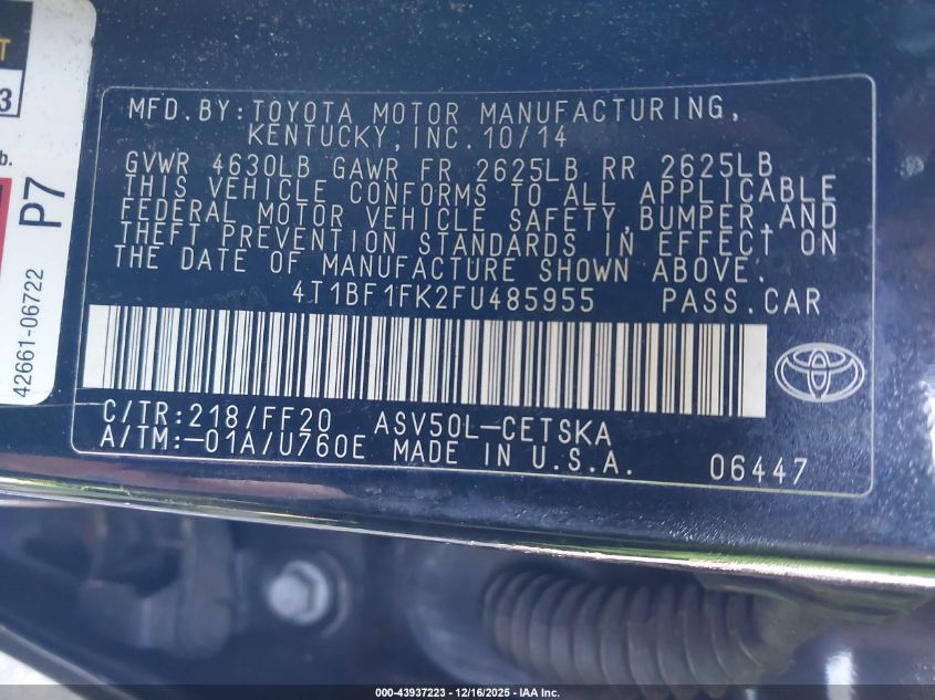 2015 Toyota Camry Se VIN: 4T1BF1FK2FU485955 Lot: 43937223