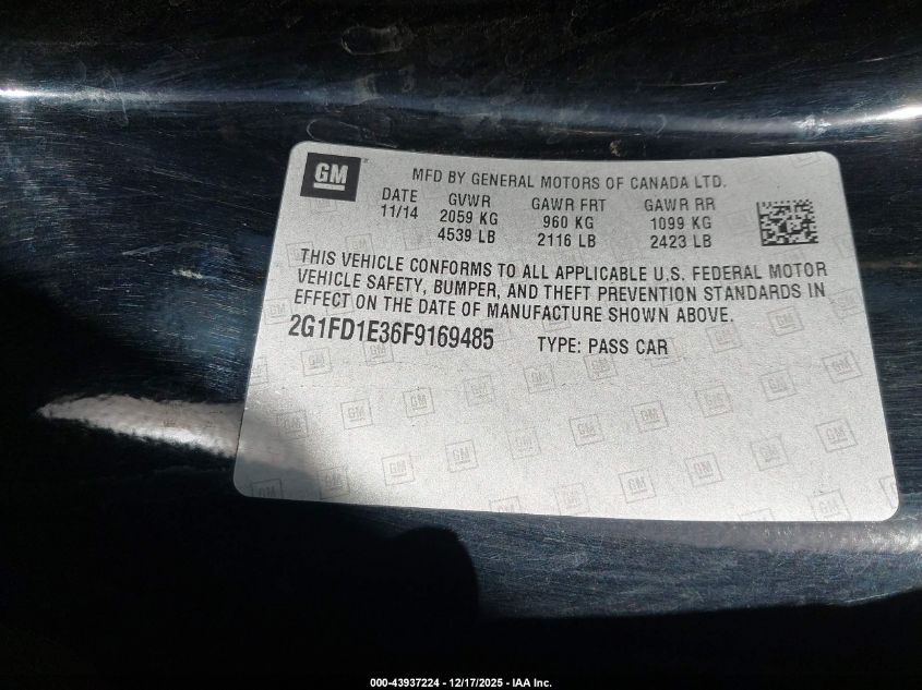 2015 Chevrolet Camaro 1Lt VIN: 2G1FD1E36F9169485 Lot: 43937224
