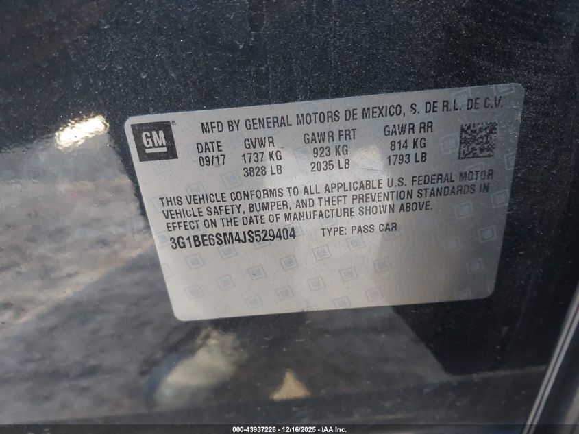 2018 Chevrolet Cruze Lt Auto VIN: 3G1BE6SM4JS529404 Lot: 43937226