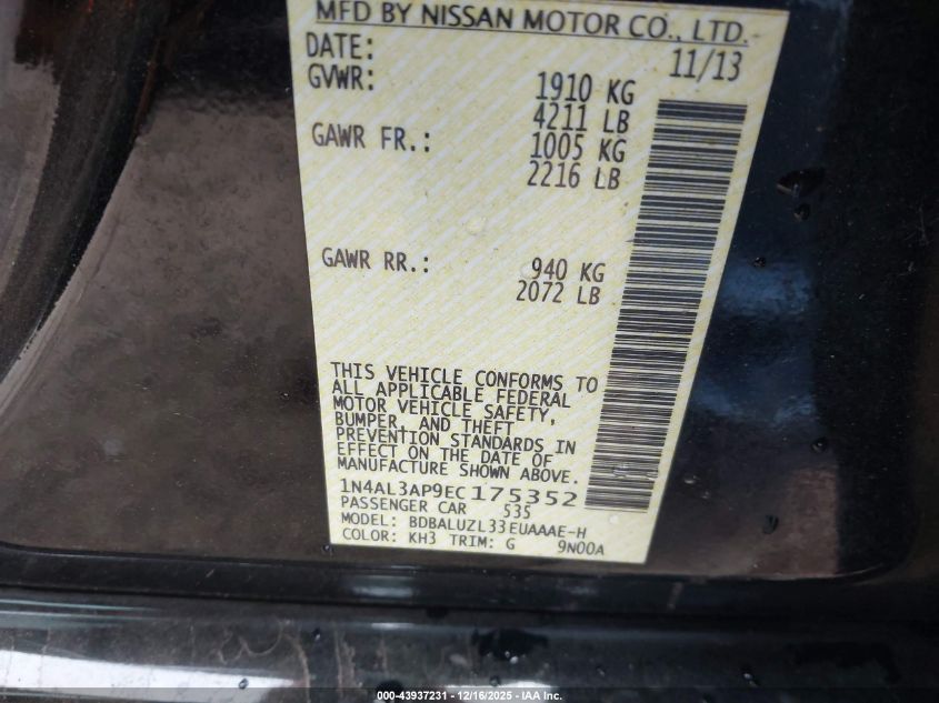 2014 Nissan Altima 2.5 Sv VIN: 1N4AL3AP9EC175352 Lot: 43937231