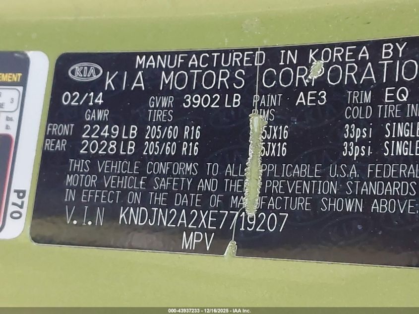 2014 Kia Soul VIN: KNDJN2A2XE7719207 Lot: 43937233