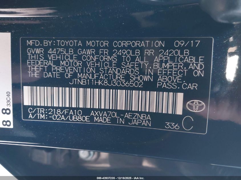 2018 Toyota Camry Le VIN: JTNB11HK8J3036502 Lot: 43937235