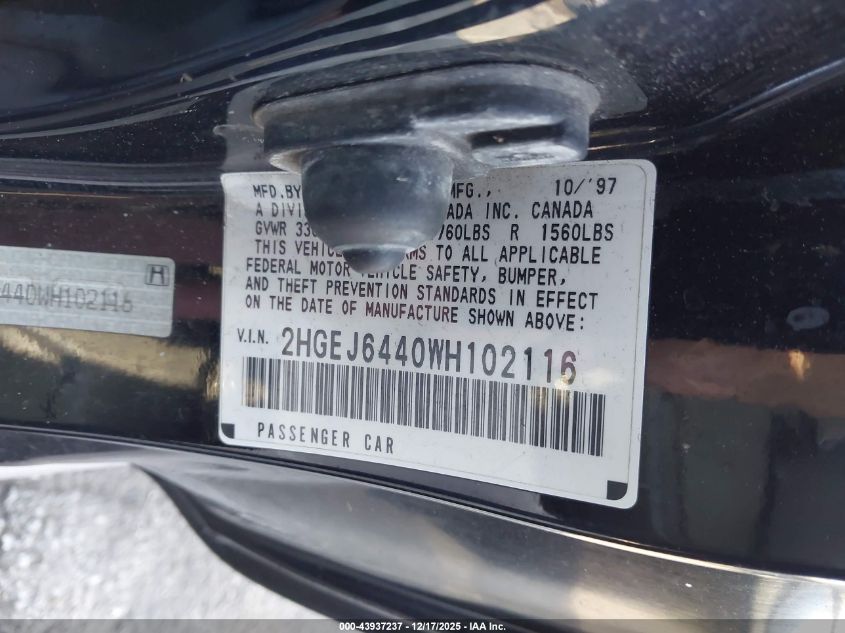 1998 Honda Civic Dx VIN: 2HGEJ6440WH102116 Lot: 43937237