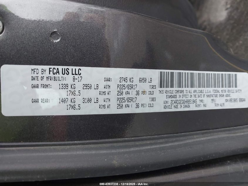 2017 Dodge Grand Caravan Gt VIN: 2C4RDGEG6HR851845 Lot: 43937238