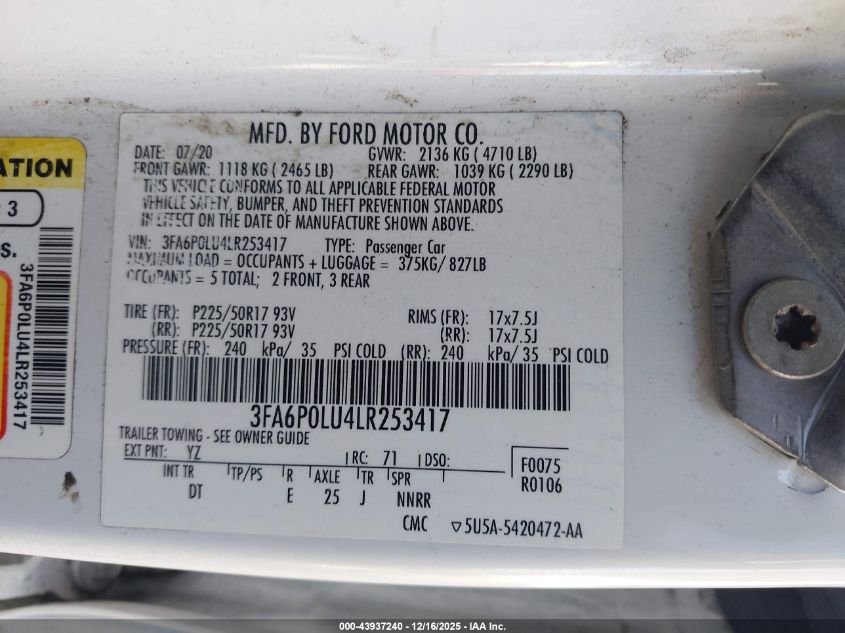 2020 Ford Fusion Hybrid Se VIN: 3FA6P0LU4LR253417 Lot: 43937240