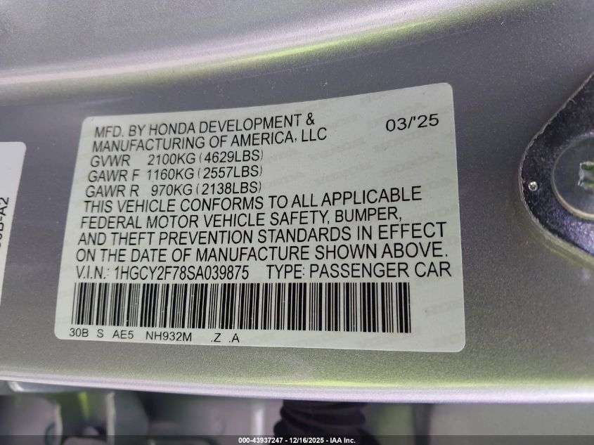 2025 Honda Accord Hybrid Sport-L VIN: 1HGCY2F78SA039875 Lot: 43937247