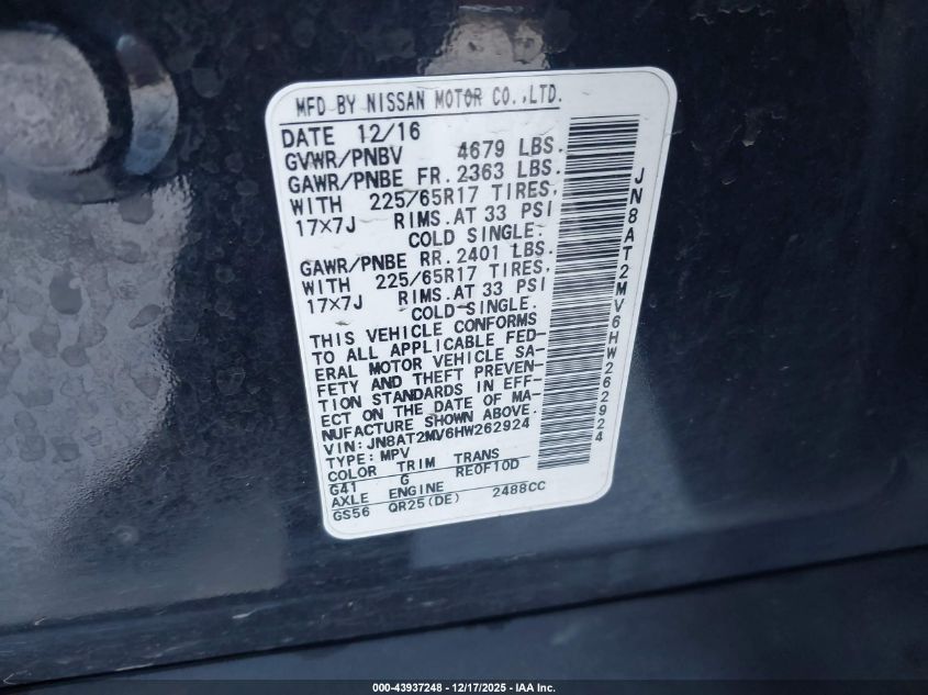 2017 Nissan Rogue S VIN: JN8AT2MV6HW262924 Lot: 43937248