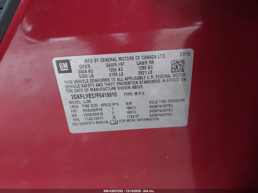 2015 GMC Terrain Slt-2 VIN: 2GKFLYE37F6419910 Lot: 43937252