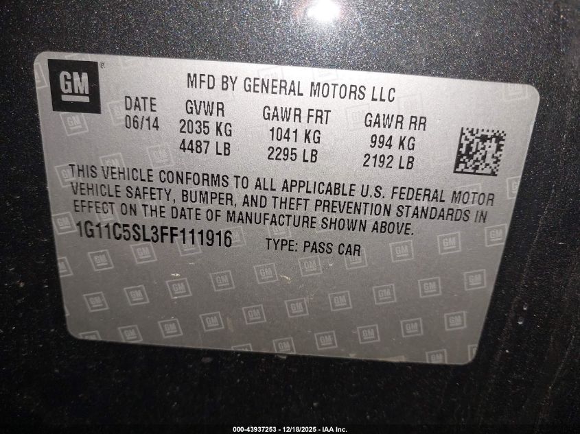 2015 Chevrolet Malibu 1Lt VIN: 1G11C5SL3FF111916 Lot: 43937253